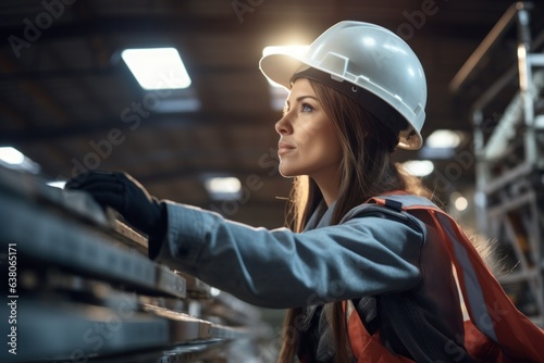 A determined woman engineer stands confidently in her protective workwear, a white helmet and hard hat accentuating her strong spirit and courage
