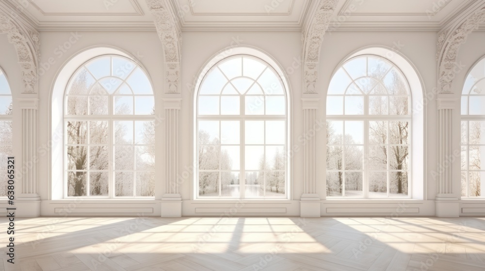 Framed by intricate arched windows, the room's symmetrical architecture captivates the eye with its majestic beauty, creating a tranquil atmosphere of light and art