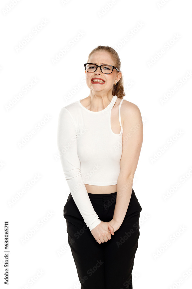 young blond woman need a toilet on white background young blond woman need a toilet on white background