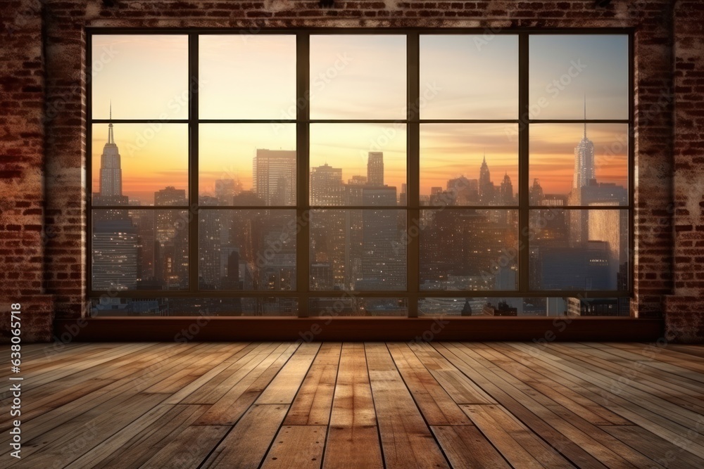 Standing in a large, wooden-floored room, illuminated by the bright colors of a sunrise or sunset that pour through the window, one can admire the city skyline that lies beyond Standing in a large, wooden-floored room, illuminated by the bright colors of a sunrise or sunset that pour through the window, one can admire the city skyline that lies beyond