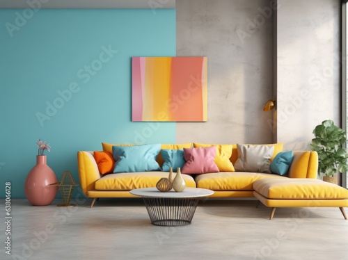 A bright and vibrant living room, complete with a sunny yellow couch, cozy loveseat, lush plants, and a bold blue wall, creates an inviting and stylish atmosphere