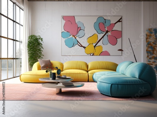 A cozy living room with a plush couch and a vibrant painting on the wall creates a welcoming atmosphere perfect for unwinding and appreciating the beauty of home photo