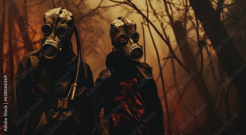 Two mysterious figures shrouded in gas masks stand amongst the towering trees of the wilderness, a striking juxtaposition of humanity and nature Two mysterious figures shrouded in gas masks stand amongst the towering trees of the wilderness, a striking juxtaposition of humanity and nature