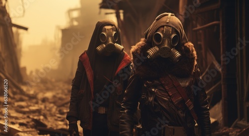Two people  cloaked in the eerie  protective garb of gas masks  stand stoically in the wilderness  ready to take on whatever comes their way