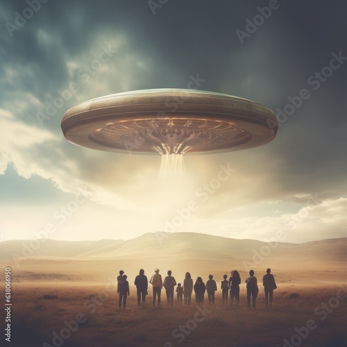 A diverse group of people stand in awe beneath a majestic ufo hovering in the cloud-streaked sky of a sun-drenched desert landscape, surrounded by distant mountains and sprawling fields