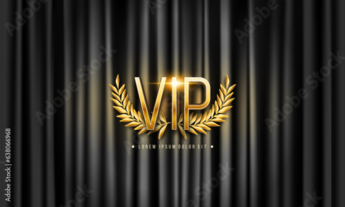 Vip poster with golden laurel wreath on curtain background. Vector illustration.