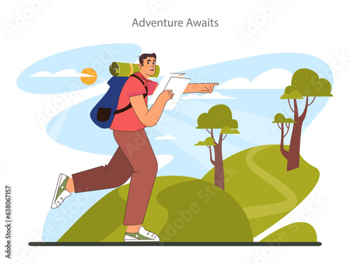 Solo travel. Character traveling alone with a back pack. Outdoor relaxation