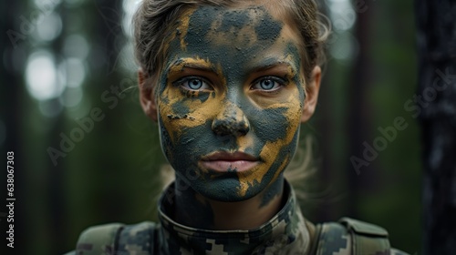 Soldier with camouflage face paint made with Ai generative technology, Person is fictional