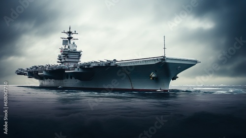 Aircraft carrier at sea made with Ai generative technology, Property is fictional