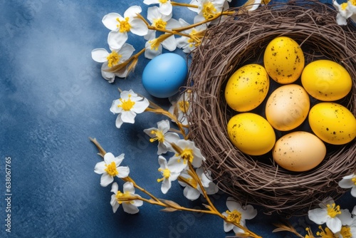 Easter background with yellow flowers and an egg nest with blue and white eggs. copy space on the top view