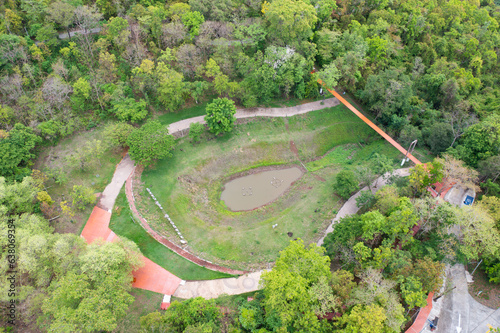 Aerial top view of Kradong Volcano with forest trees in Buriram, Thailand. Tourist attraction landmark. Nature landscape background