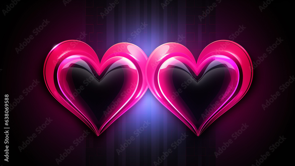 Zwei Herzen in Neon Farben mit Lichteffekten auf dunklem Hintergrund. Lovestory Romance. Querformat. Generative Ai.