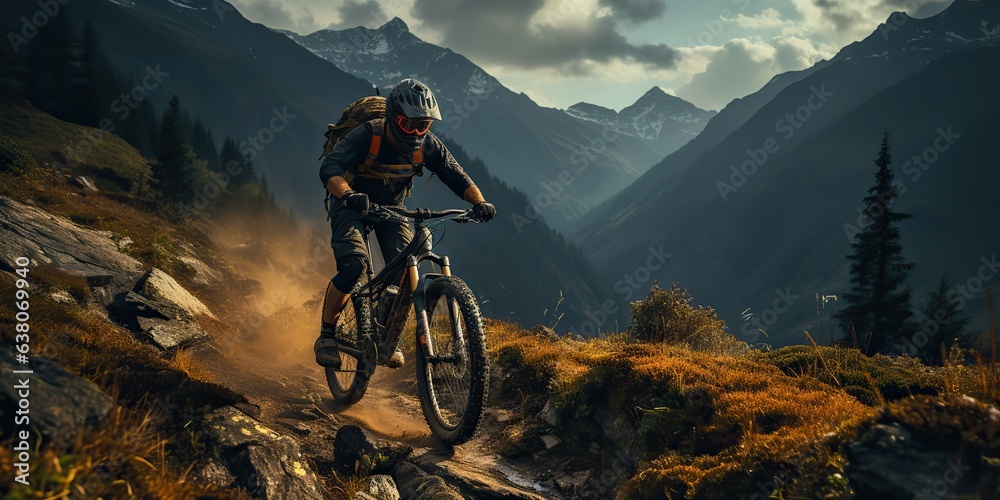 Fototapeta premium AI Generated. AI Generative. Mountain sport active extrme bike mtb with protection man. Adventure travel inspiration. Graphic Art