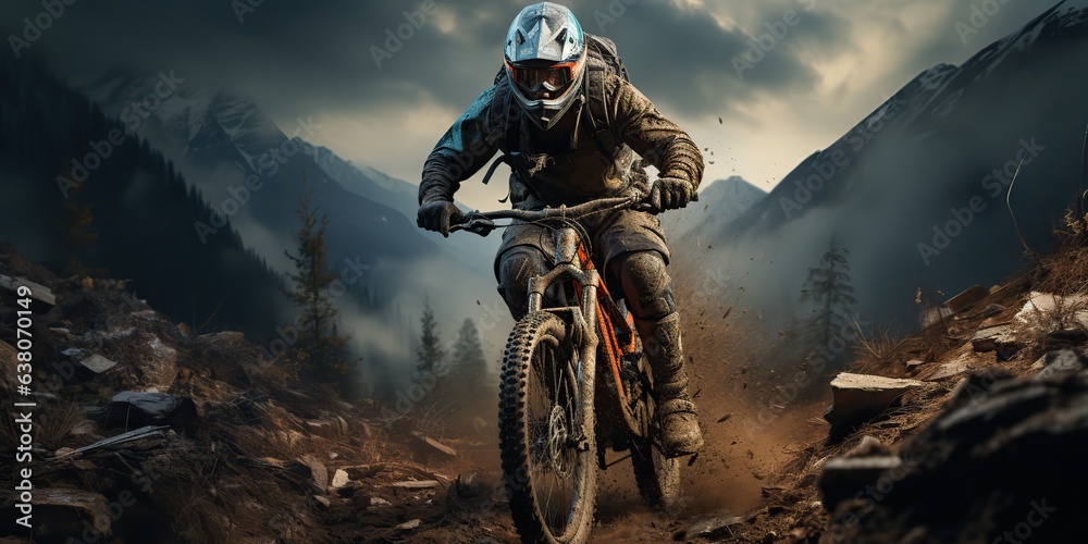 Naklejka premium AI Generated. AI Generative. Mountain sport active extreme bike mtb with protection man. Adventure travel inspiration. Can be used for sport tour promotion