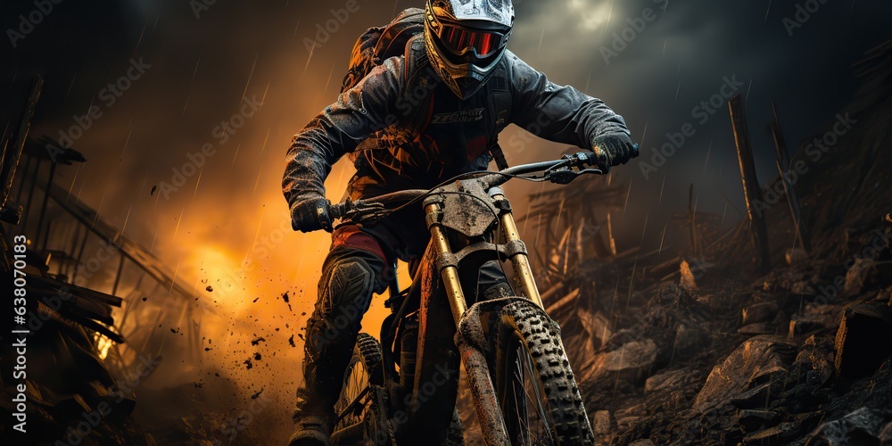 AI Generated. AI Generative. Mountain sport active extreme bike mtb with protection man. Adventure travel inspiration. Can be used for sport tour promotion AI Generated. AI Generative. Mountain sport active extreme bike mtb with protection man. Adventure travel inspiration. Can be used for sport tour promotion