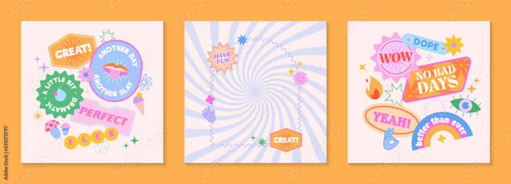 Vector social media templates with patches and stickers in 90s style.Modern emblems in y2k aesthetic with spiral background.Trendy funky designs.