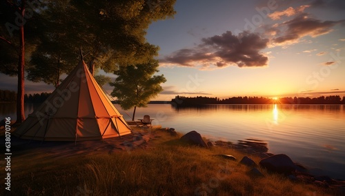 Tourist tent by the lake at sunset, generative AI