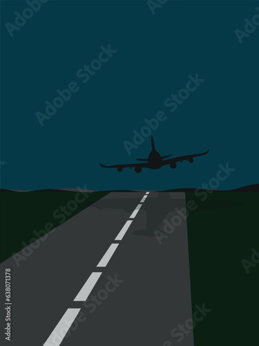 A large plane with four turbines takes off at the airport in night time	