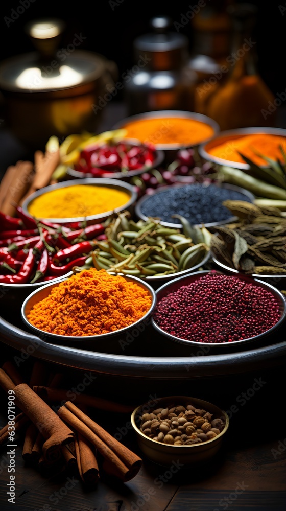 Spices of different colors and tastes. Diversity in the Indian spice market. Large selection of spices for cooking. Concept: Close-up colorful assorted savory food
Spices of different colors and tastes. Diversity in the Indian spice market. Large selection of spices for cooking. Concept: Close-up colorful assorted savory food