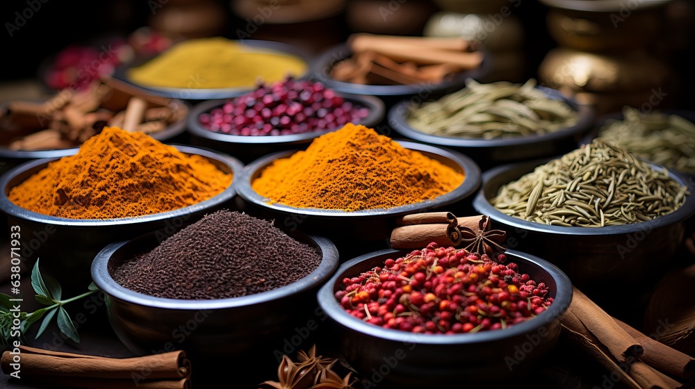 Spices of different colors and tastes. Diversity in the Indian spice market. Large selection of spices for cooking. Concept: Close-up colorful assorted savory food
Spices of different colors and tastes. Diversity in the Indian spice market. Large selection of spices for cooking. Concept: Close-up colorful assorted savory food