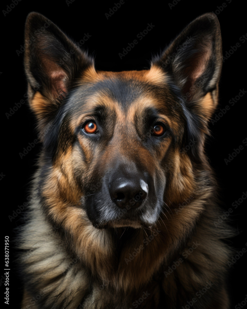 Generated photorealistic image of an expressive German Shepherd dog with alert eyes Generated photorealistic image of an expressive German Shepherd dog with alert eyes
