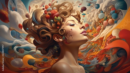 Creativity concept illustration of woman with creative thoughts and ideas coming out of her head