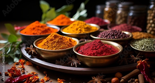  Spices of different colors and tastes. Diversity in the Indian spice market. Large selection of spices for cooking. Concept: Close-up colorful assorted savory food
