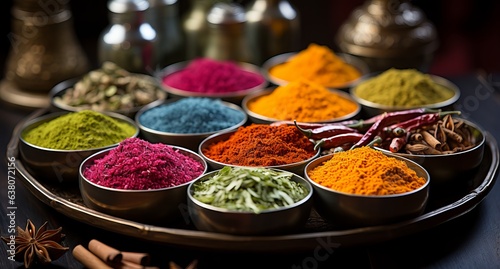  Spices of different colors and tastes. Diversity in the Indian spice market. Large selection of spices for cooking. Concept: Close-up colorful assorted savory food