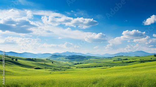 Panoramic summer field illuminated by the soft glow of the sun. A field of lush green grass in a symphony of colors and textures. Idyllic nature setting.