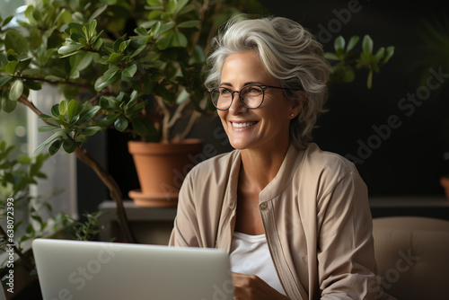 elderly beautiful woman 50 years old with gray white hair, a wide smile, sits at a laptop at home, looks at the screen, against the background of many house plants