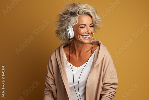 an elderly beautiful woman of 50 years old with gray white hair, a wide smile, with large modern headphones on her ears, listens to music, in an unbuttoned hoodie, t-shirt on on a yellow background