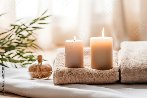 Spa still life with candles and towel on massage table in spa salon