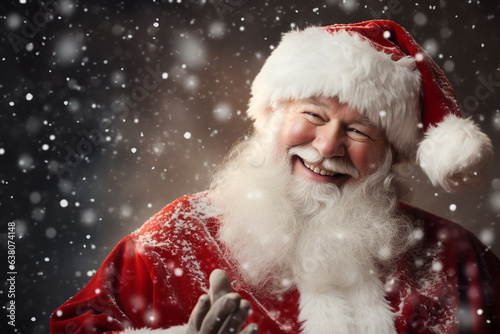 Christmas  New Year holidays concept. Happy traditional close-up Santa Claus portrait. Santa with gray beard and wearing red traditional costume with hat smiling to camera. Generative AI
