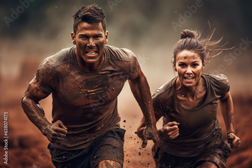 Athletic man and woman running on a dusty road. photo