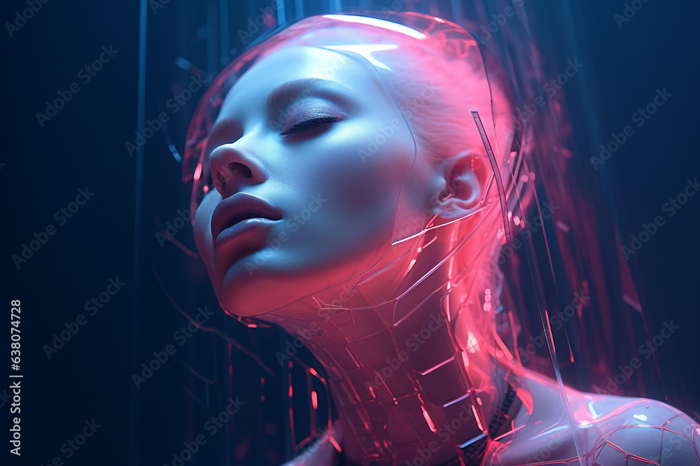 Sci-fi, fantasy, beauty, fashion concept. Sci-fi very beautiful and sexy looking woman close-up portrait. Futuristic style with neon colored light. Model clothing made from plastic. Generative AI Sci-fi, fantasy, beauty, fashion concept. Sci-fi very beautiful and sexy looking woman close-up portrait. Futuristic style with neon colored light. Model clothing made from plastic. Generative AI