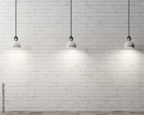 hanging white lamp with shadow on vintage white painted brick wall, background Created with Generative AI technology.