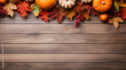 Autumn leaves and pumpkins, wooden background. Concept for Thanksgiving, Autumn, and Halloween with copy space