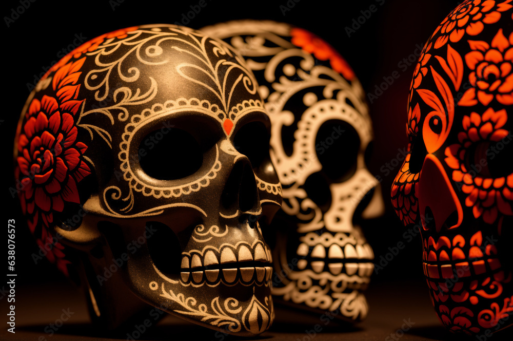 Dia de los Muertos wallpaper with traditional Mexican painted skulls on a black background. Scary gothic calaveras as a symbol of Day of the Dead or Cinco de Mayo
