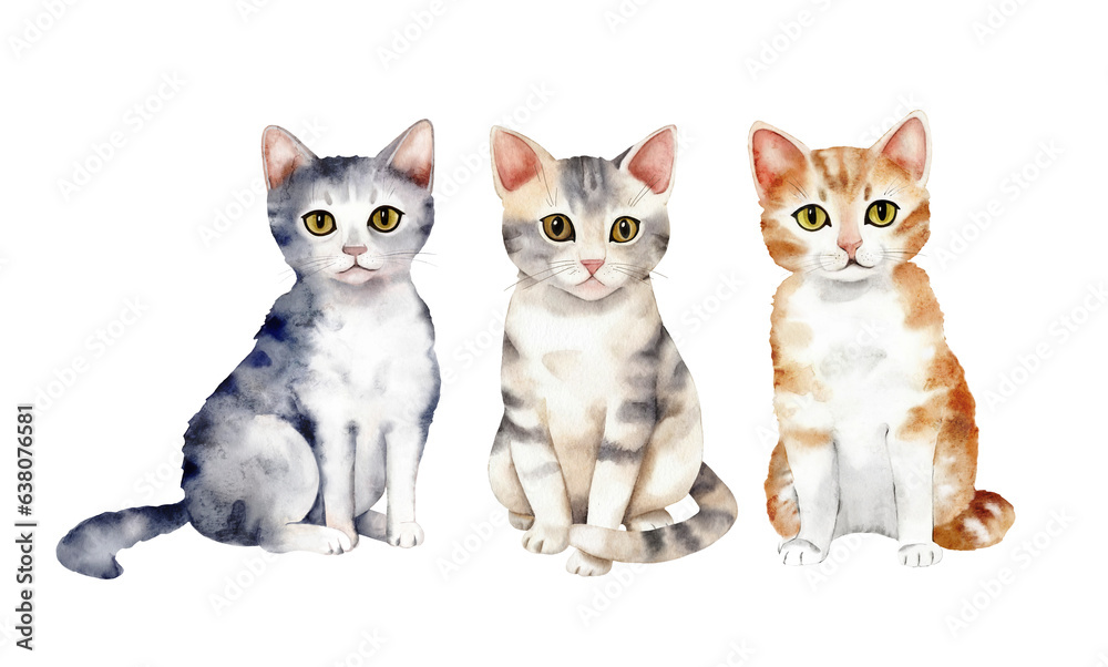 Set of watercolor isolated illustrations of cute kittens.