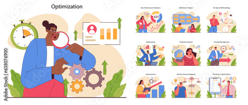Business processes optimization set. Productive employee with efficient