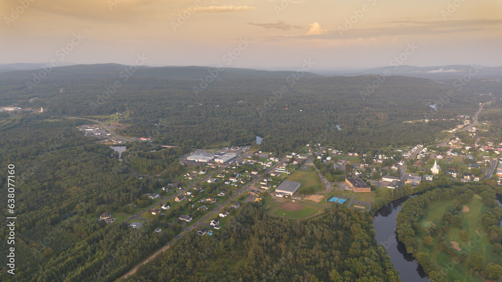 Aerial view of a small village in the province of Quebec in Canada