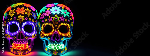Dia de los Muertos header with traditional Mexican painted skull on a black background with blank space for text. Panoramic banner with neon glowing Mexican calavera, Catrina for the Day of the Dead photo