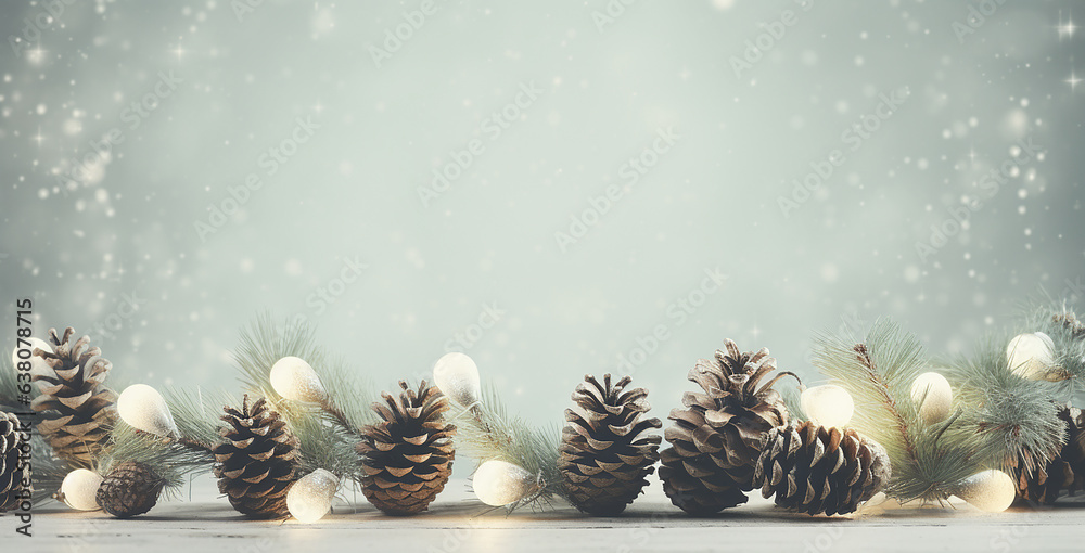 Pine cones and Christmas lights, bokeh