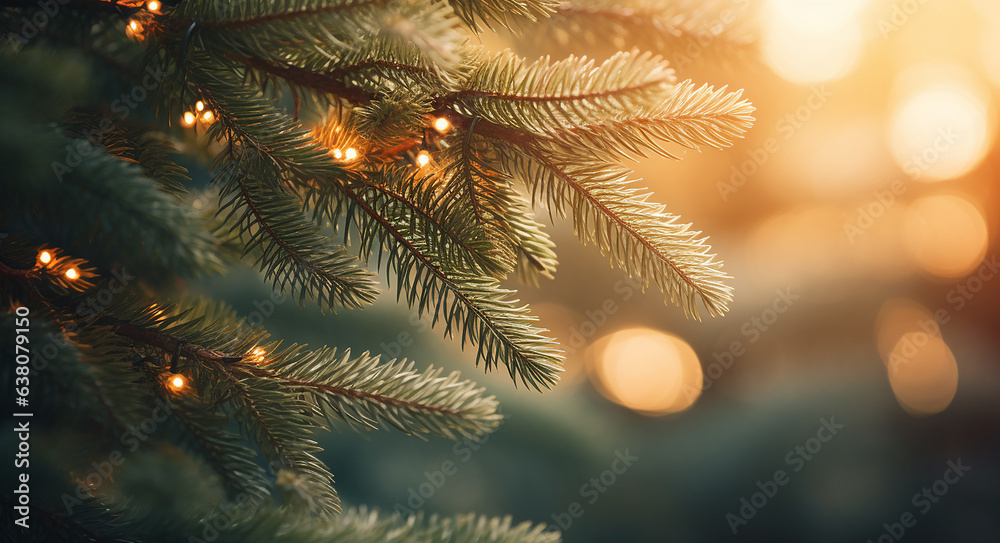 Closeup of a Christmas tree, bokeh, Christmas background