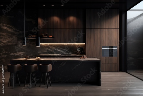 This sleek, modern kitchen features a stunning marble countertop, surrounded by dark furniture and art on the walls, creating a luxurious and inviting atmosphere that is perfect for gathering around 