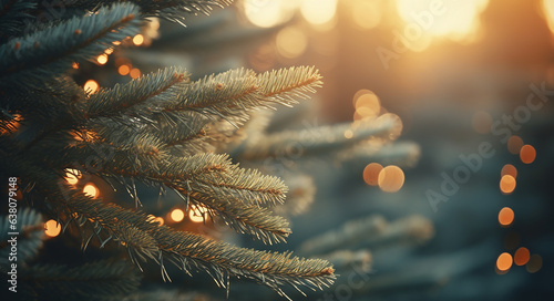 Closeup of a Christmas tree, bokeh, Christmas background