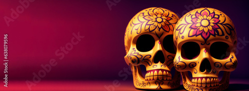 Dia de los Muertos header with traditional Mexican painted skulls on a purple background with blank space for text. Panoramic banner with glowing Mexican calavera, Catrina for the Day of the Dead