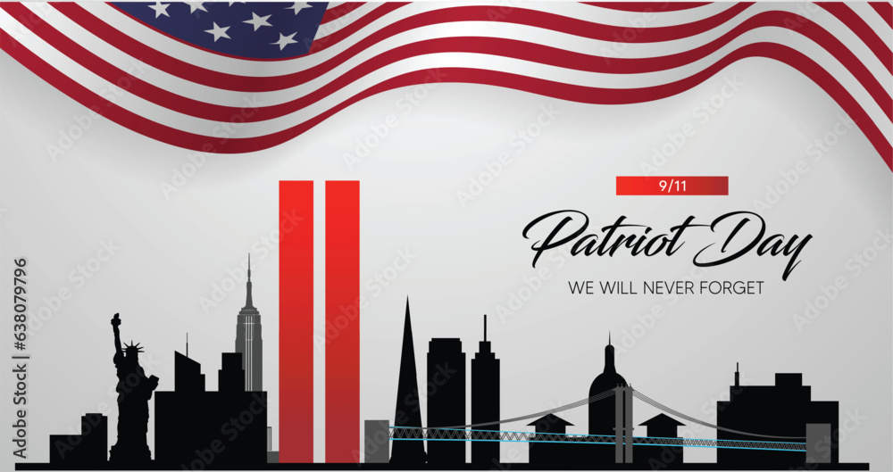Patriot day. September 11 we will never forget patriot day background. United states flag poster. Vector illustration.