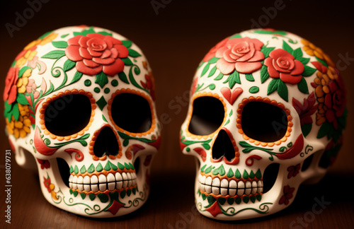 Dia de los Muertos wallpaper with colorful painted skulls. Traditional Mexican calavera, la Catrina for the Day of the Dead. Skeleton head with flowers. Mexican culture © Qeeraw