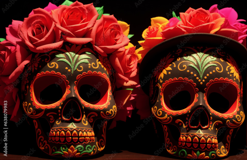 Dia de los Muertos wallpaper with two painted skulls wearing wreaths of roses on a black background. Widescreen banner with Mexican calavera, la Catrina for the Day of the Dead